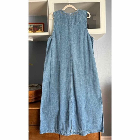 Vtg Christopher & Banks Embroidered Fall Leaves Denim Maxi Dress Autumn Folk - Picture 2 of 7